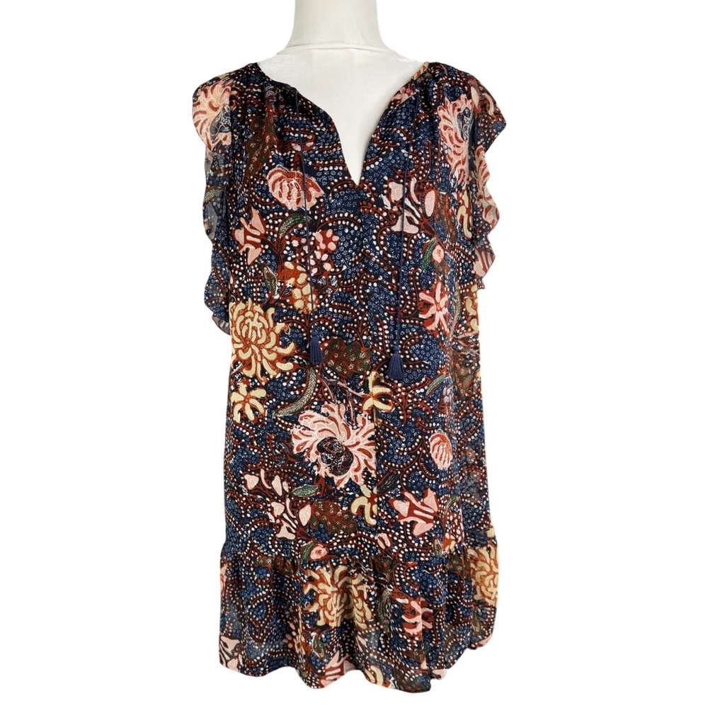 Madewell Batik Floral Ruffle Sleeve Mini Dress Navy Blue Tassel Tie Medium